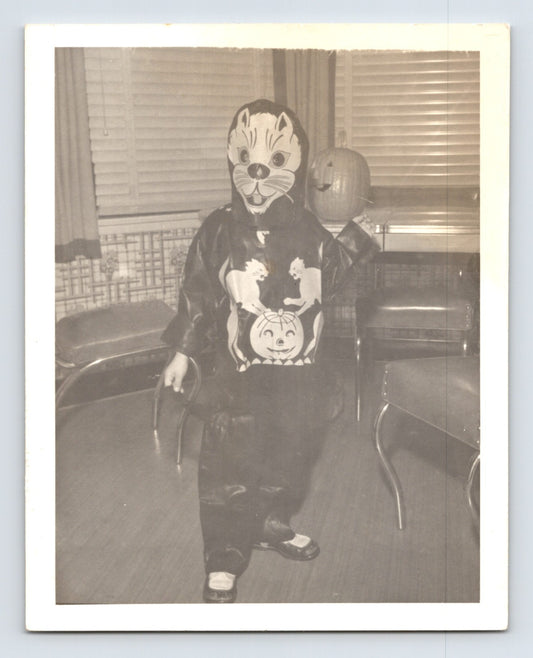 Boy Halloween costume cat mask pumpkin jack o lantern indoors 1954 snapshot photo 5 x 4
