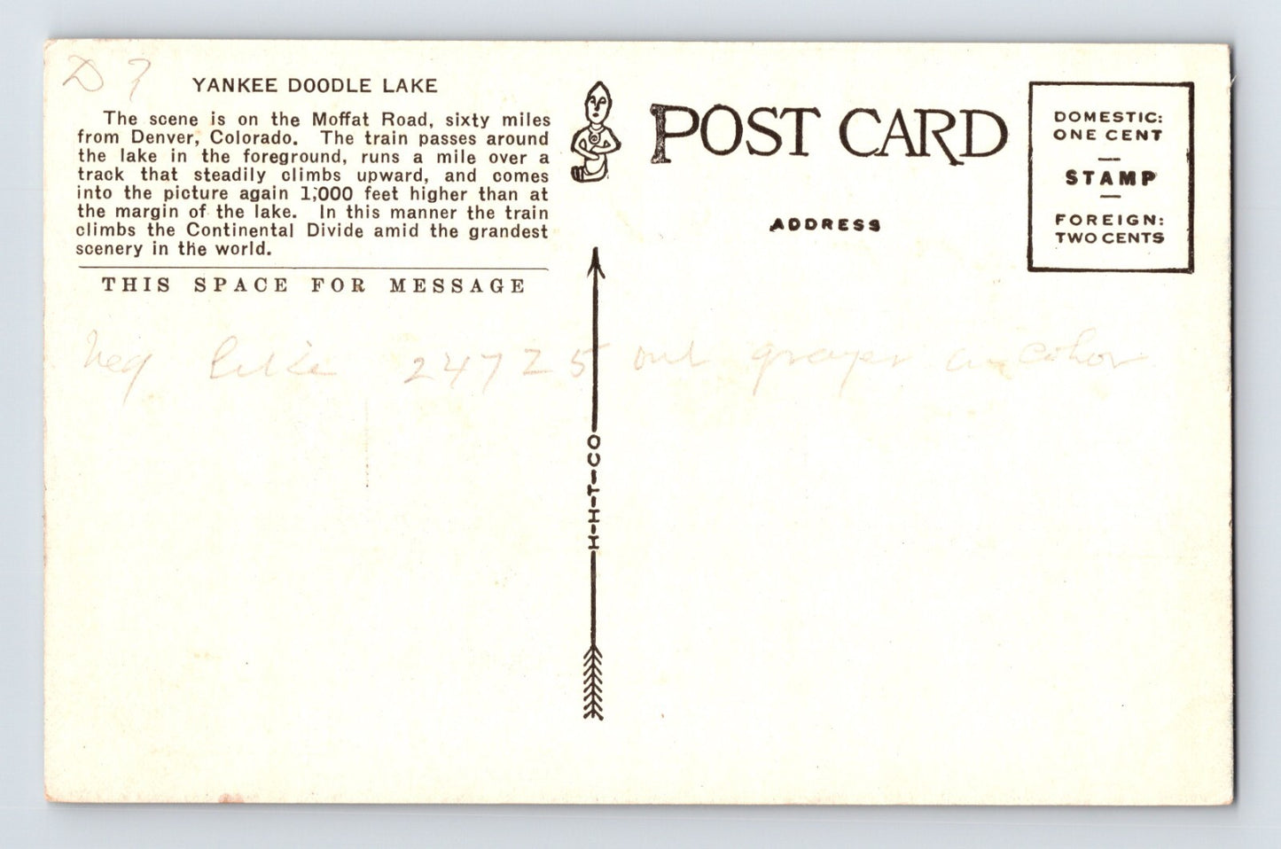 Yankee Doodle Lake Colorado Moffat Road Railroad 1910s Postcard Divided Back