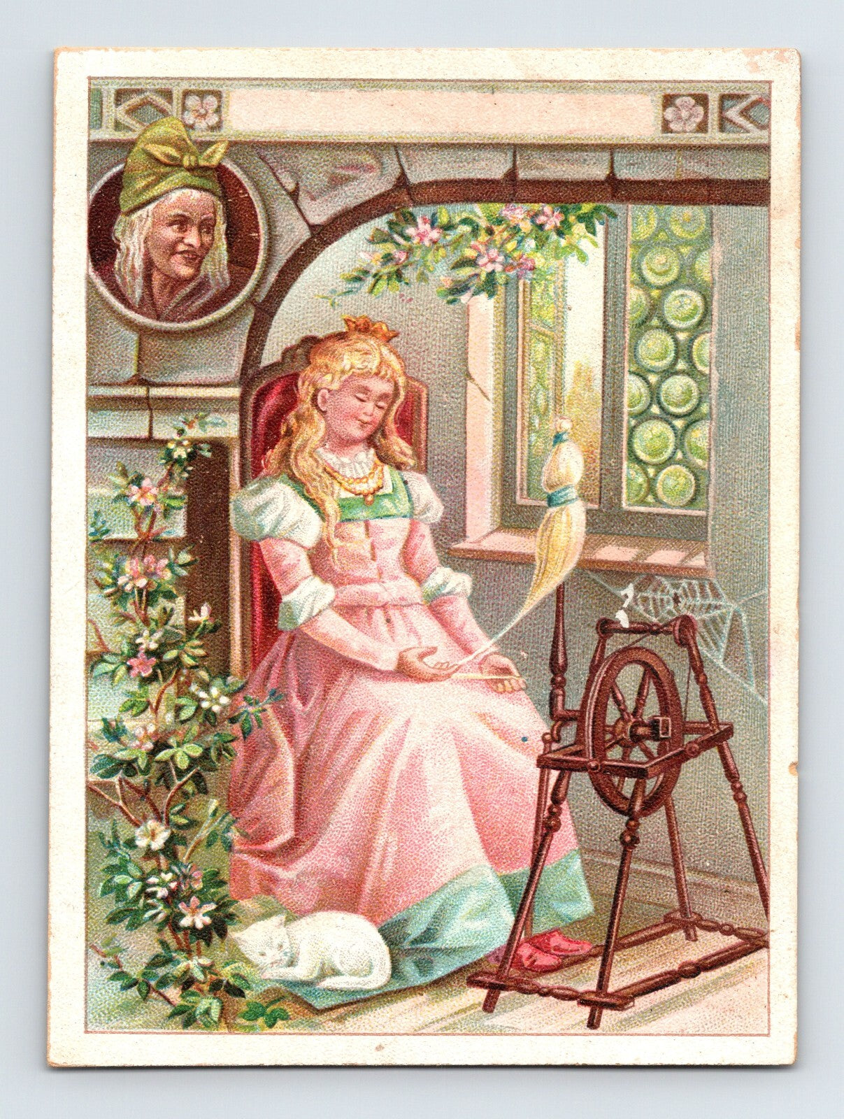 Victorian illustration of Sleeping Beauty seated at a spinning wheel with floral border and inset portrait, trade card advertising Edward Rose tailor Chicago, 1890s