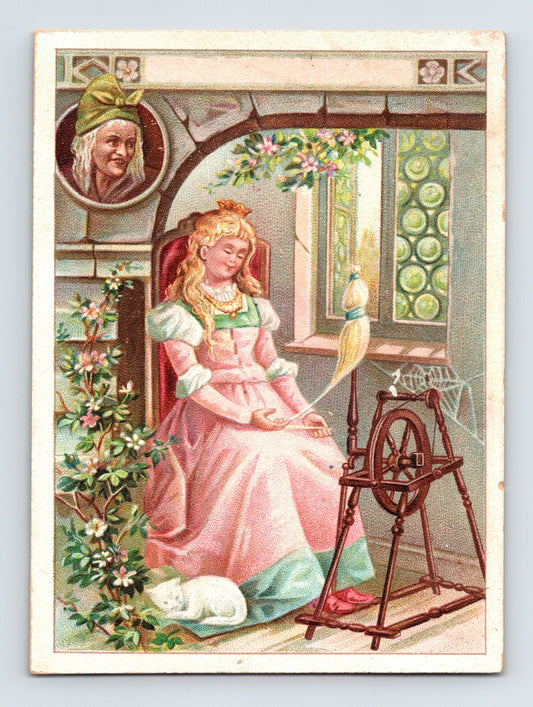 Victorian illustration of Sleeping Beauty seated at a spinning wheel with floral border and inset portrait, trade card advertising Edward Rose tailor Chicago, 1890s