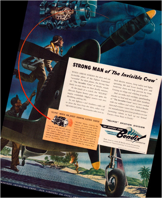 Bendix Aviation 1943 WW2 aircraft engine crew airplane maintenance vintage print ad