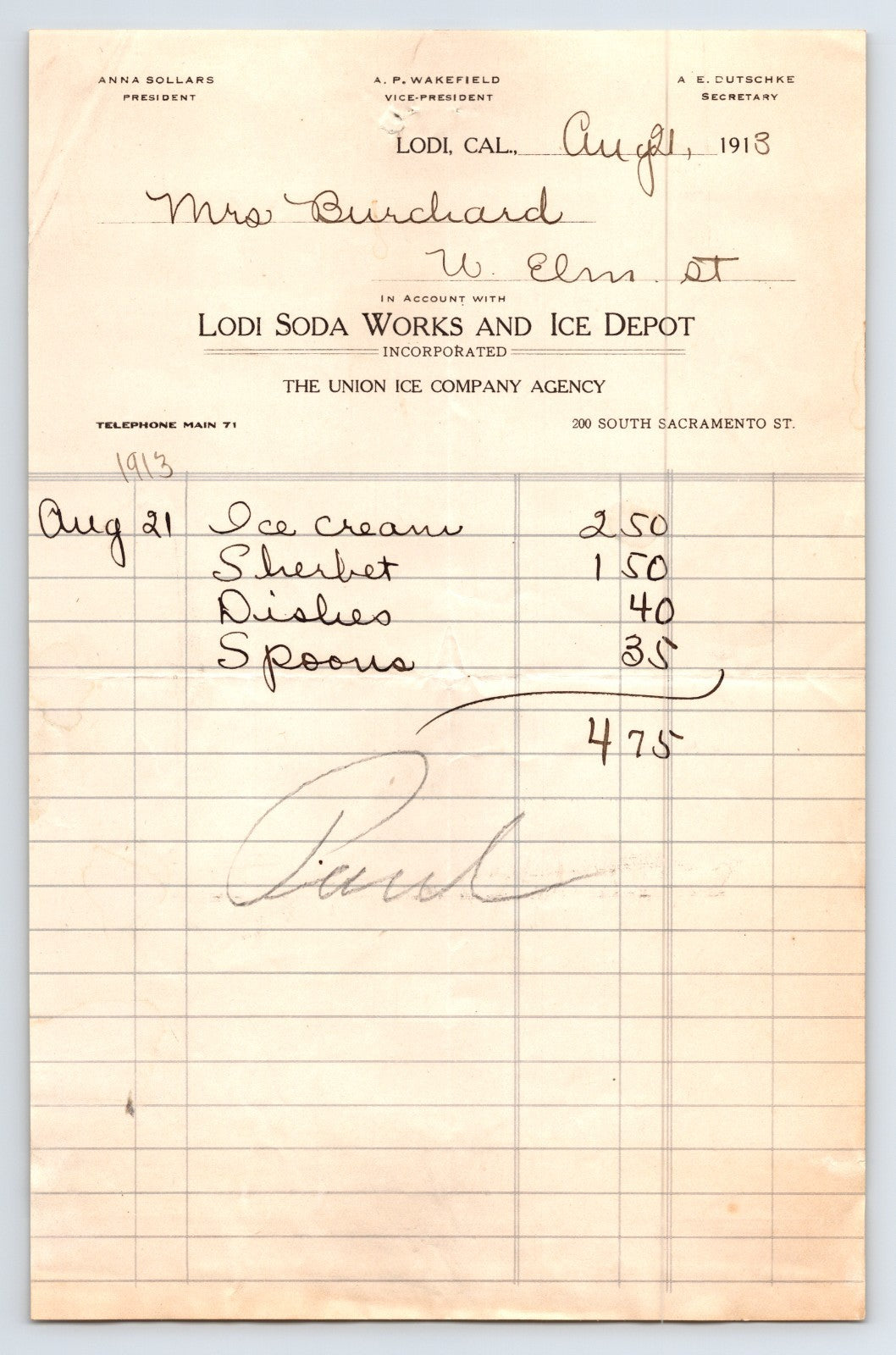 1913 Lodi California Lodi Soda Works and Ice Depot billhead listing ice cream and sherbet purchases totaling 4.75 with printed company header and ruled ledger layout