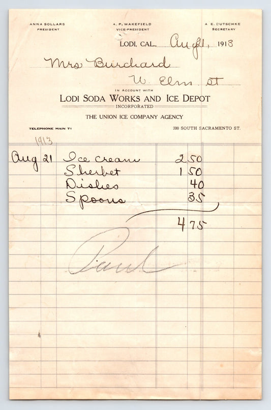 1913 Lodi California Lodi Soda Works and Ice Depot billhead listing ice cream and sherbet purchases totaling 4.75 with printed company header and ruled ledger layout
