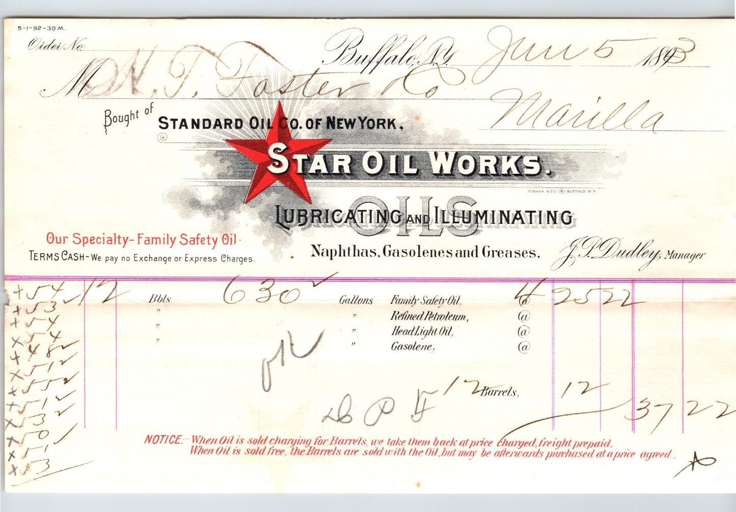 Buffalo New York Star Oil Works Standard Oil billhead 1893 lubricating oil document