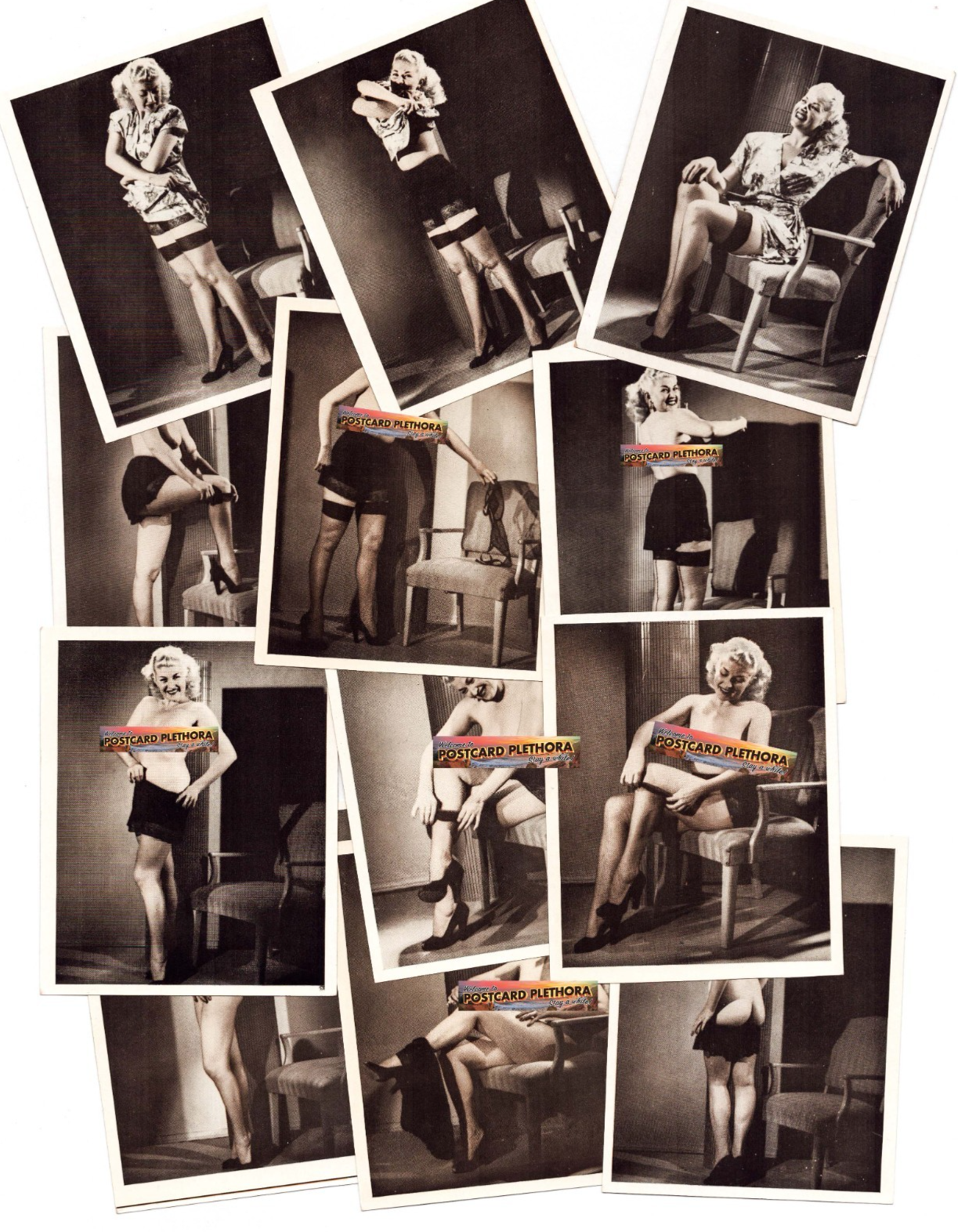 Set of twelve 1940s strip tease pin up cards featuring blonde model posing in lingerie and heels in studio setting