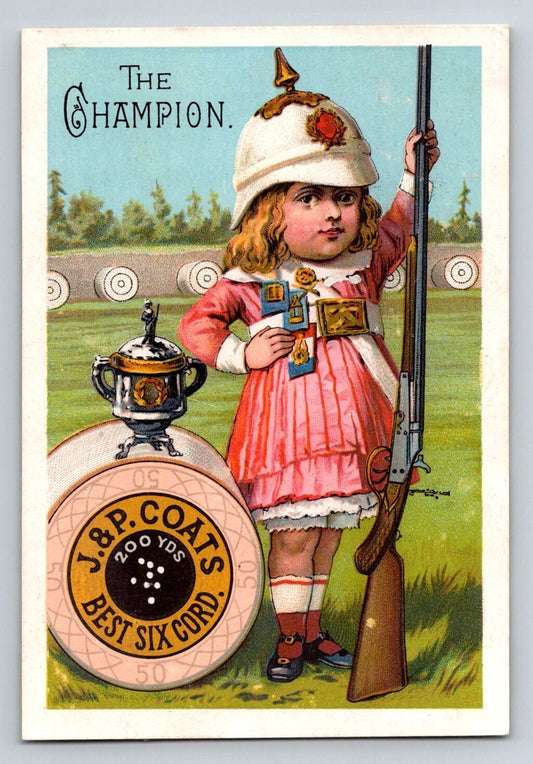 J P Coats sewing thread Victorian trade card girl rifle champion