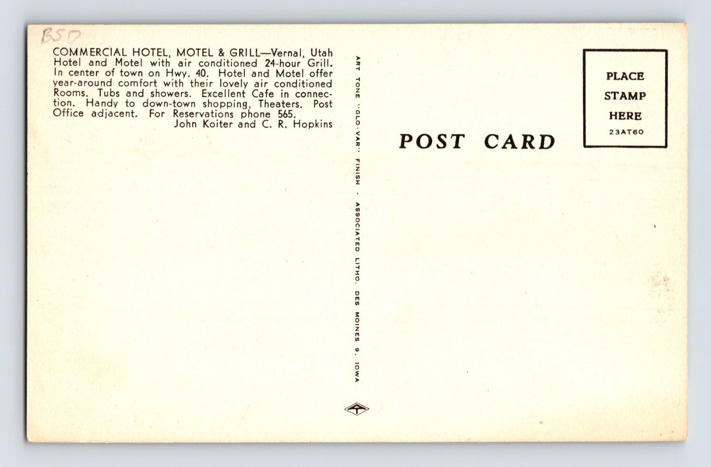 Vernal Utah Commercial Hotel Grill Motel 1940s Postcard Unposted Linen