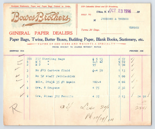 Utica New York Bowers Brothers General Paper Dealers 1914 billhead invoice stationery paper goods