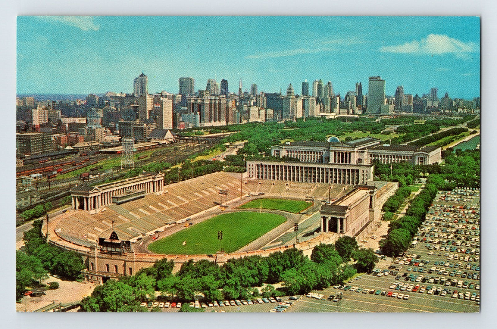 Chicago Illinois Soldier Field stadium skyline 1960s chrome postcard aerial view Bears football