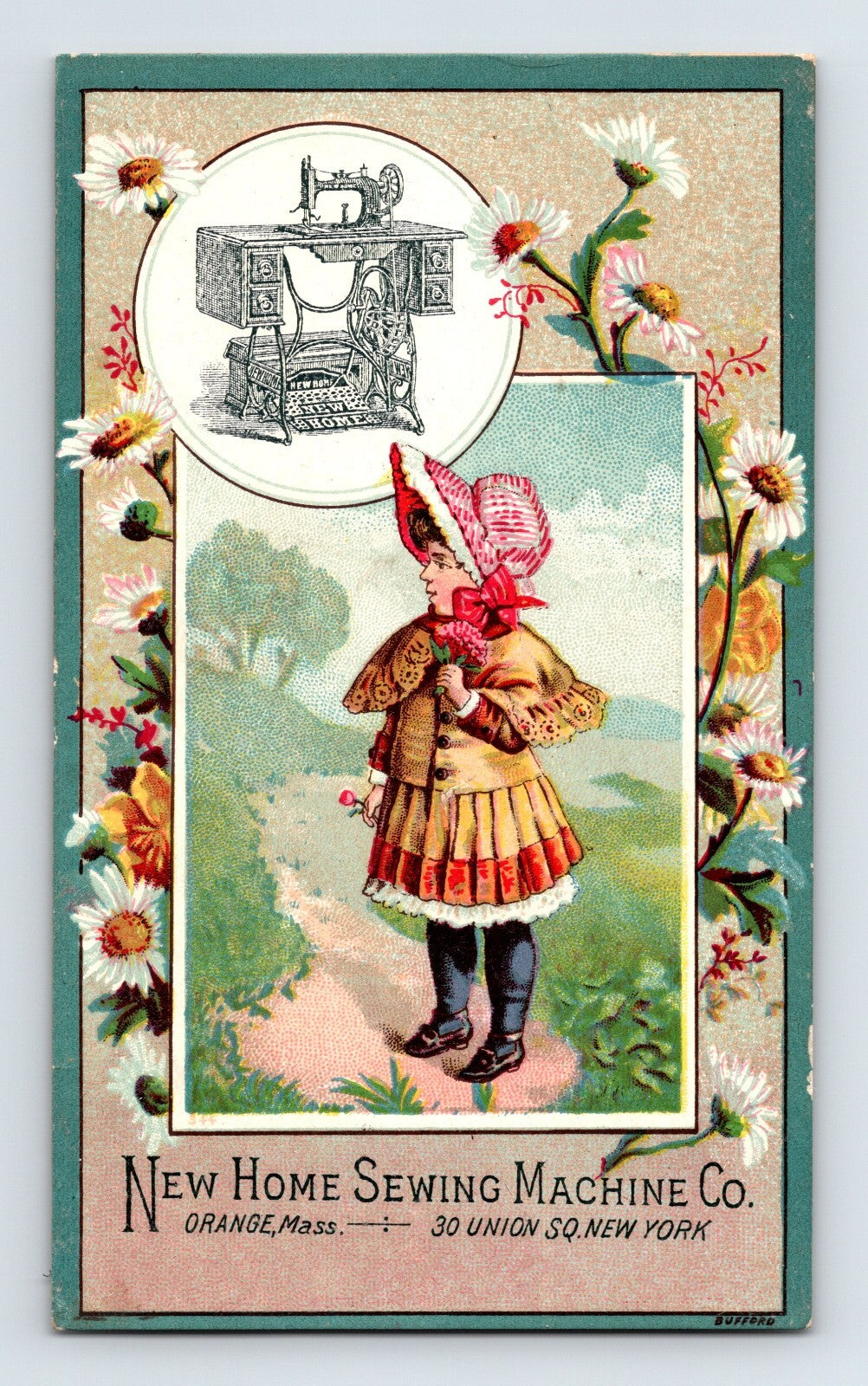 New Home Sewing Machine trade card with Victorian girl in bonnet and floral border 1890s advertising Orange Massachusetts