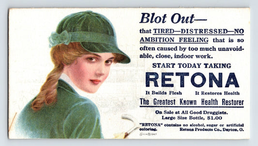 Dayton Ohio Retona medicine advertising blotter 1920s pretty lady