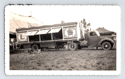 1949 John Pawling Circus truck with lion cage trailer and tent background 5.5 x 3.5 photo