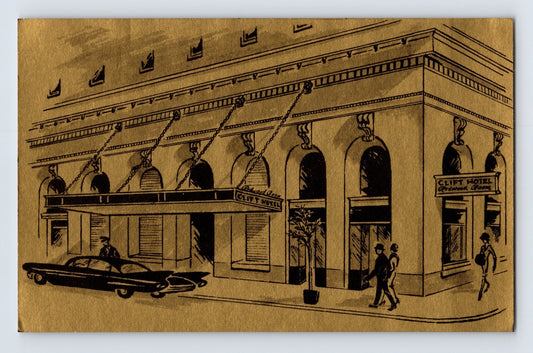 Clift Hotel San Francisco California gold foil illustration 1960s chrome postcard front view