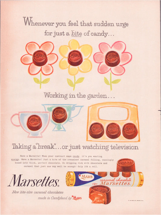Marsettes Caramel Chocolate 1958 Print Ad Mars Candy Garden Flowers 10.5 x 13.5