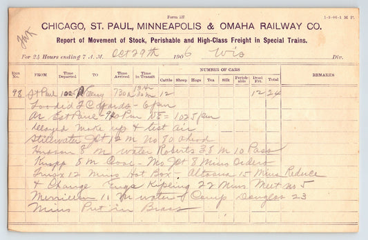 Chicago St Paul Minneapolis Omaha Railway 1906 Freight Movement Billhead 8 x 5.5