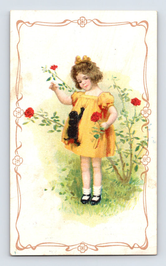 New York 14th Street Store advertising trade card featuring young girl in yellow dress with black kitten among roses.