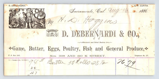 Sacramento California D Debernardi and Co produce dealer billhead dated 1886