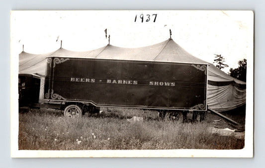 Beer Barnes Circus 1937 truck trailer beside circus tent Whitney Point New York vintage photo