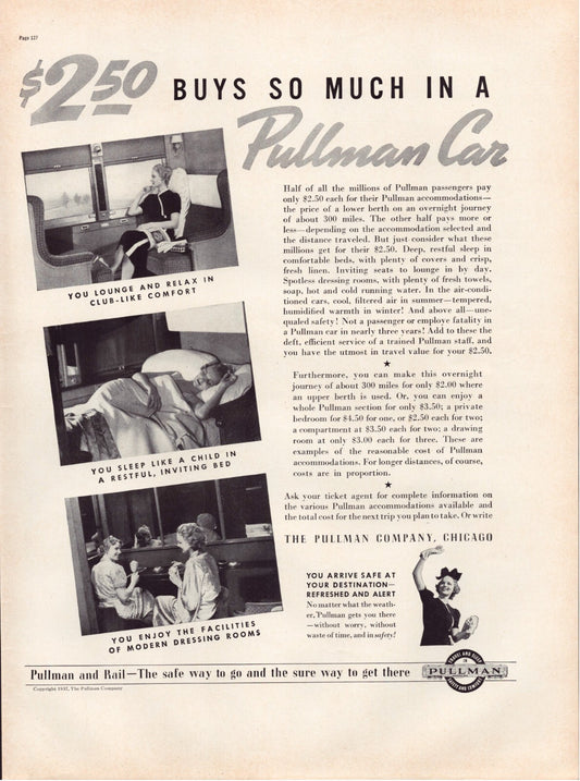 Pullman railroad sleeping car 1937 print advertisement lounge berth travel train interior
