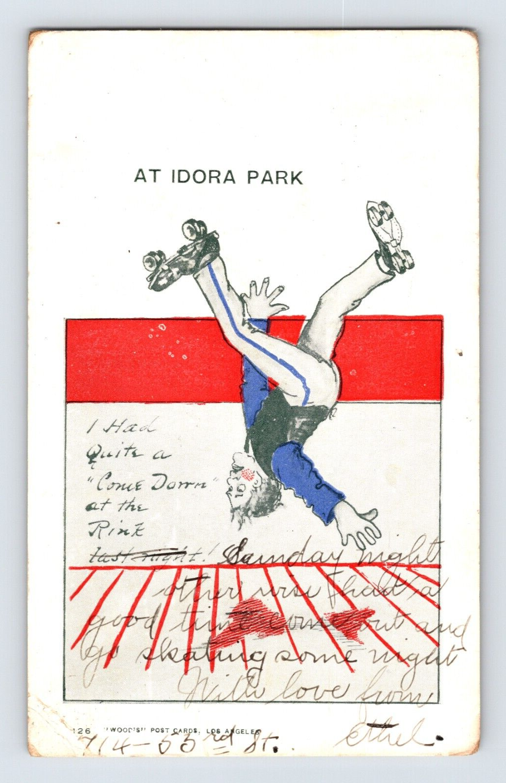 Idora Park Oakland California roller skating humor postcard 1909 posted undivided back comic fall