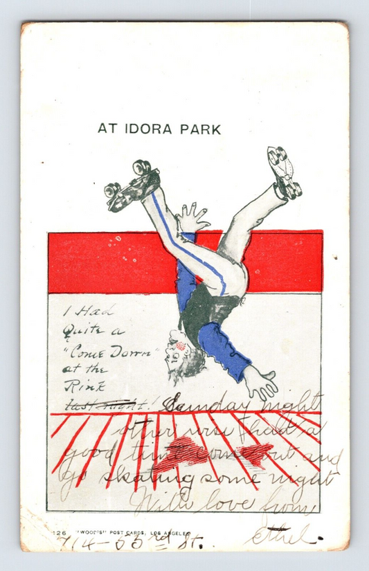 Idora Park Oakland California roller skating humor postcard 1909 posted undivided back comic fall
