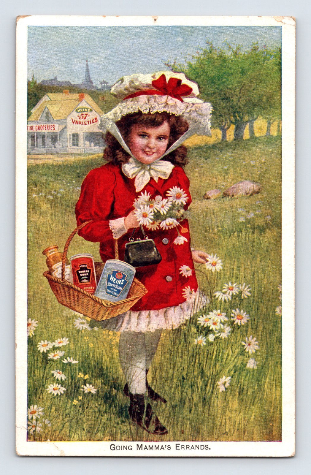 Heinz girl grocery errand basket tomatoes soup trade card 1890s advertising
