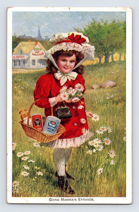 Heinz girl grocery errand basket tomatoes soup trade card 1890s advertising