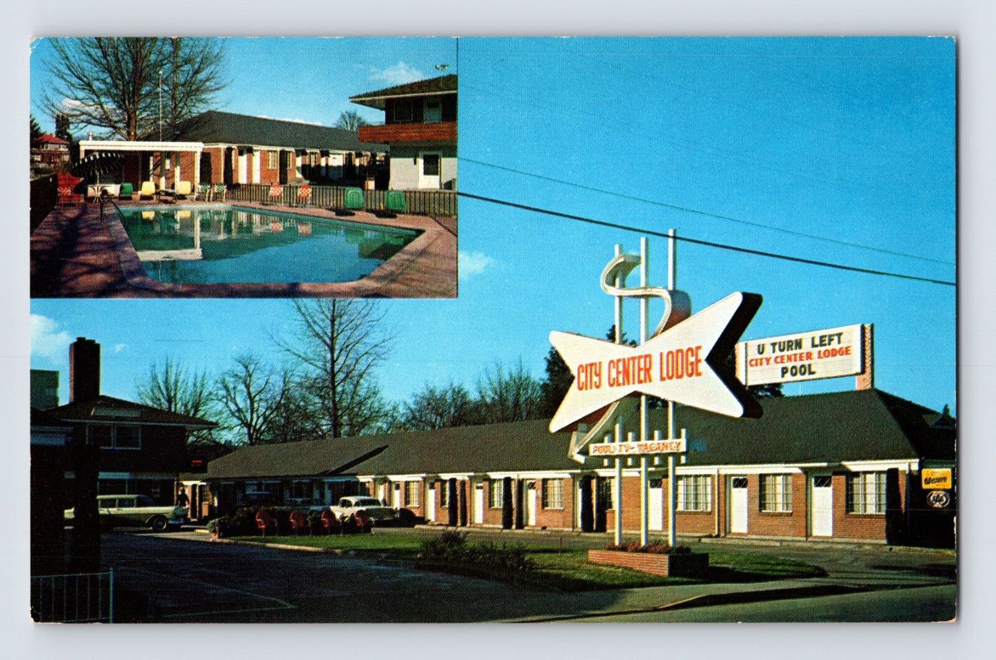 Seattle Washington City Center Lodge motel neon sign roadside pool 1960s chrome postcard