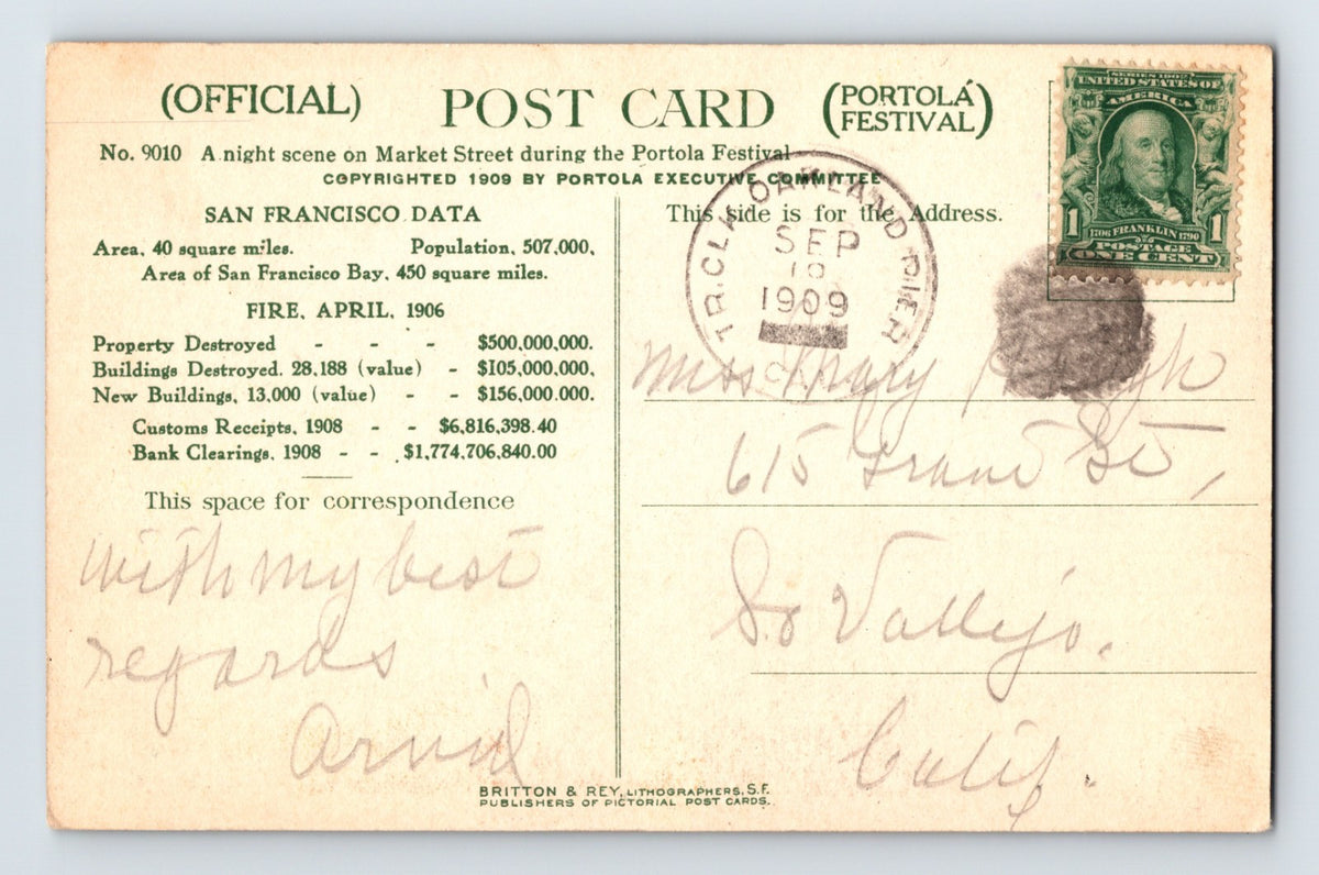 San Francisco California Portola Festival Market Street 1909 Postcard Posted