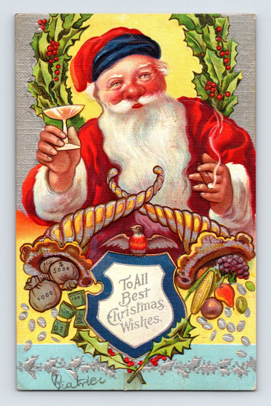 Santa Claus smoking cigar wine glass holly berries Christmas postcard