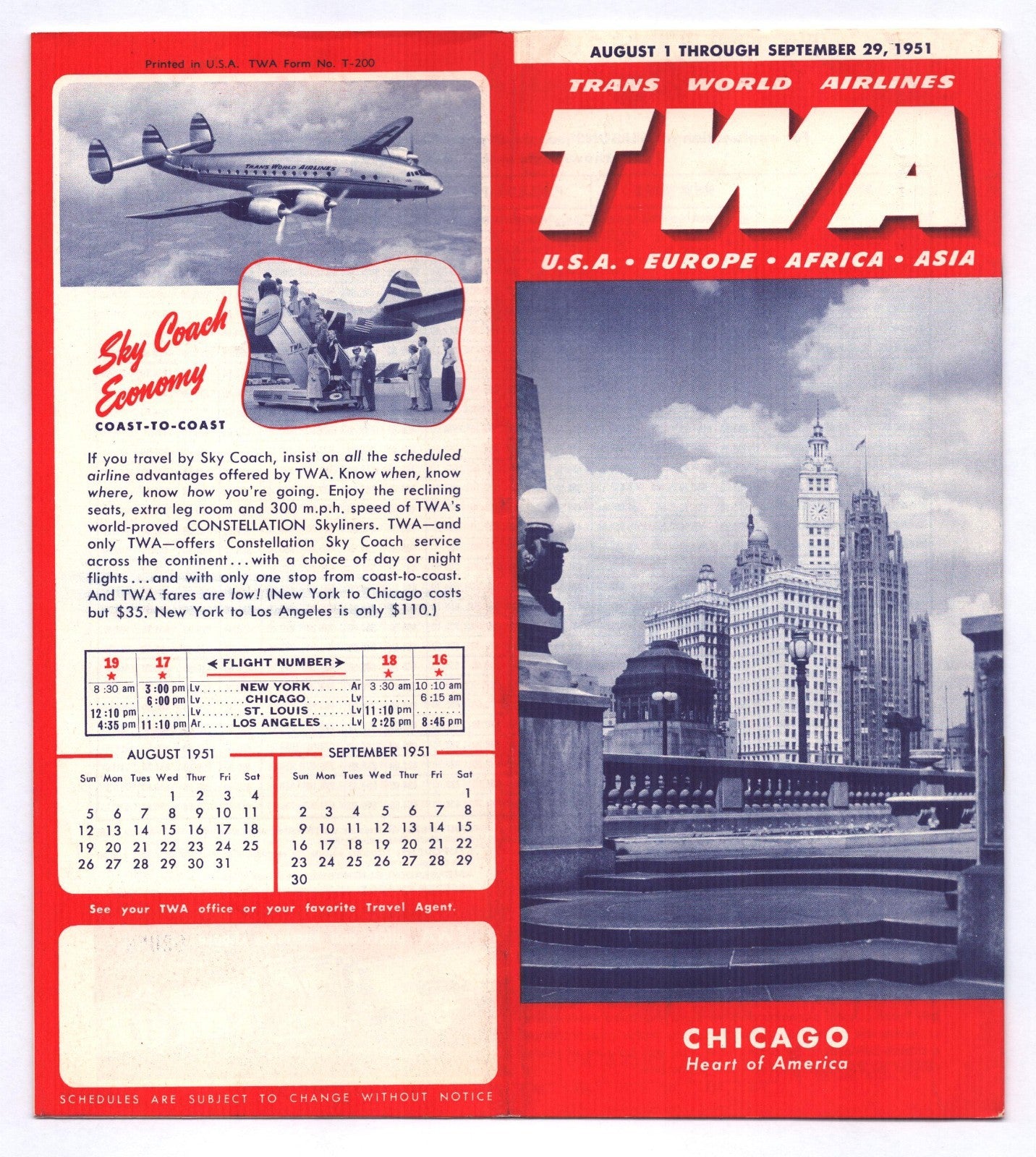TWA Trans World Airlines 1951 Chicago system timetable brochure red and blue cover