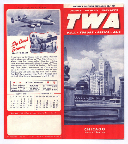 TWA Trans World Airlines 1951 Chicago system timetable brochure red and blue cover