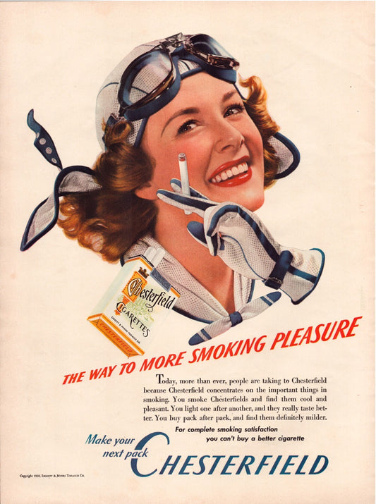 Chesterfield Cigarettes 1940 Woman Pilot Aviation Full-Page Print Ad 10.5 x 13.5
