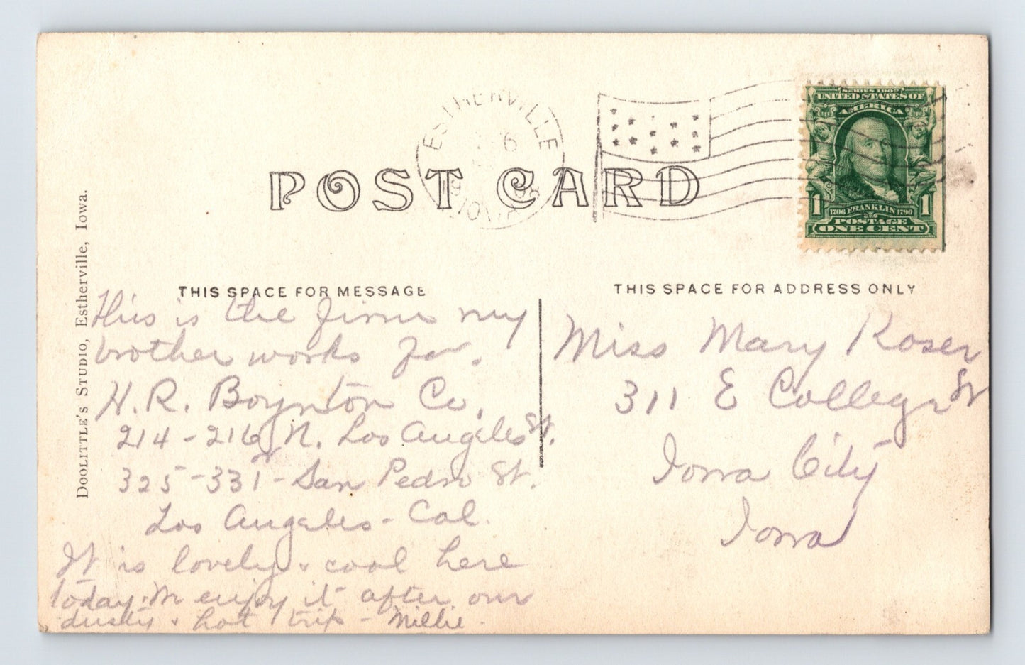 Estherville Iowa Public Library 1908 RPPC Postcard Posted Divided Back