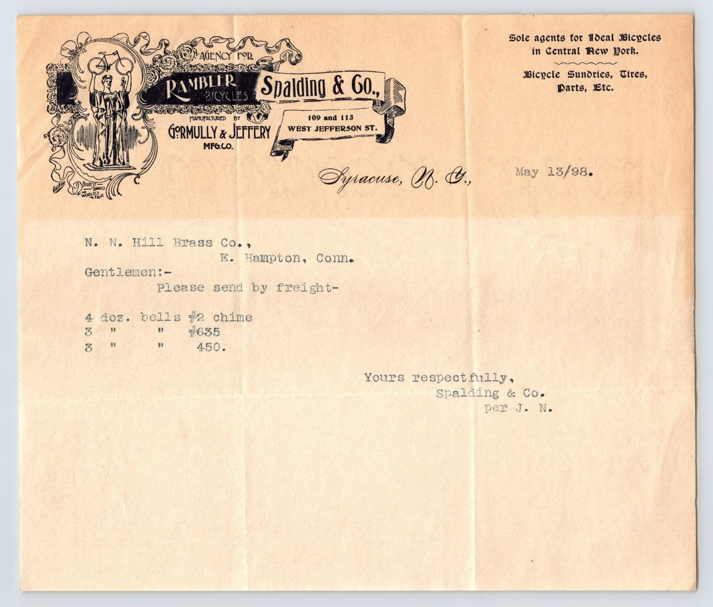 Syracuse New York 1898 Spalding Co Rambler Bicycle Letter Bicycle Bells Order 