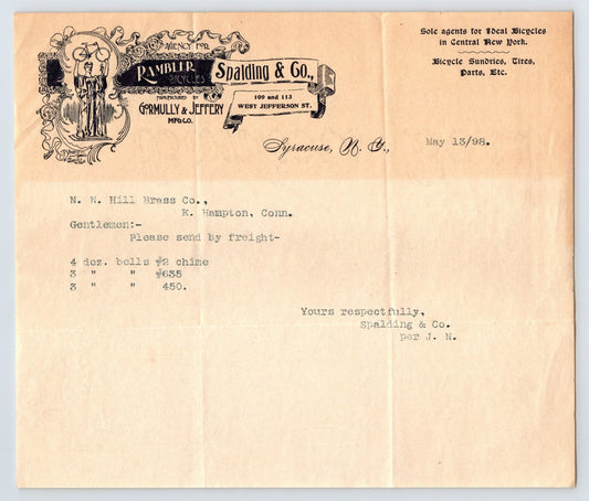Syracuse New York 1898 Spalding Co Rambler Bicycle Letter Bicycle Bells Order 
