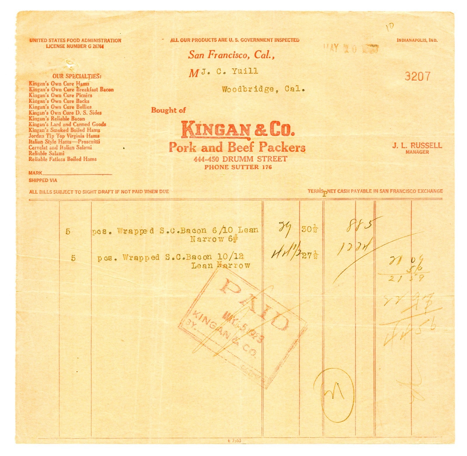 San Francisco Kingan Company pork and beef packers billhead 1900s 8 x 8