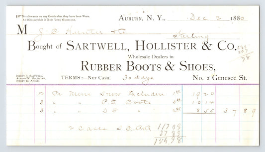 Auburn New York 1880 Sartwell Hollister Rubber Boots Shoes Billhead 8 x 5.5