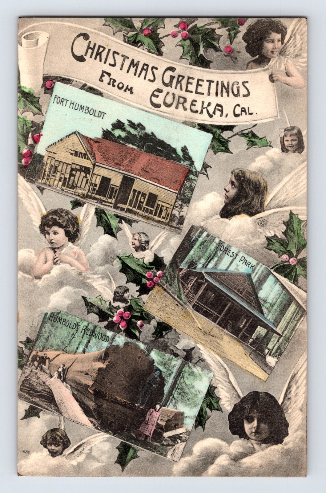 Eureka California Christmas postcard showing angel figures and inset views of Fort Humboldt and Forest Park 1907