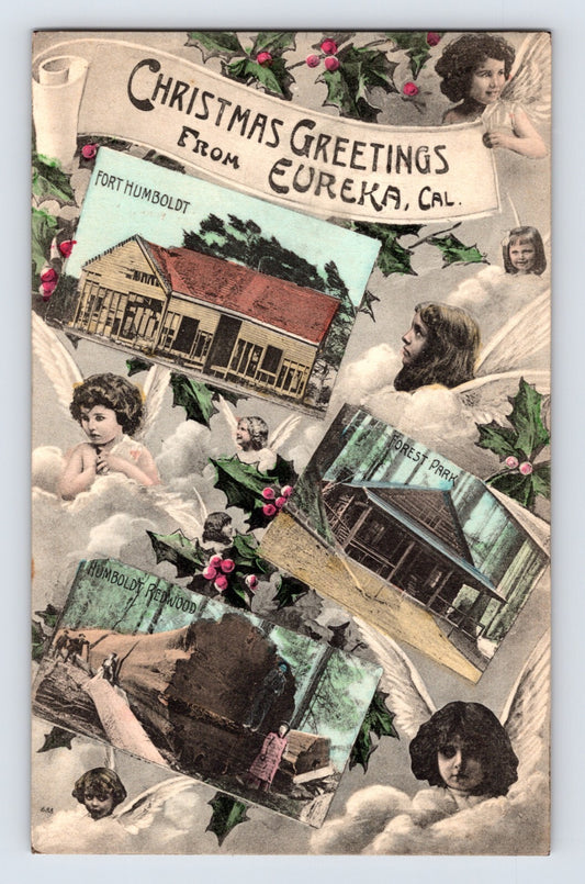 Eureka California Christmas postcard showing angel figures and inset views of Fort Humboldt and Forest Park 1907