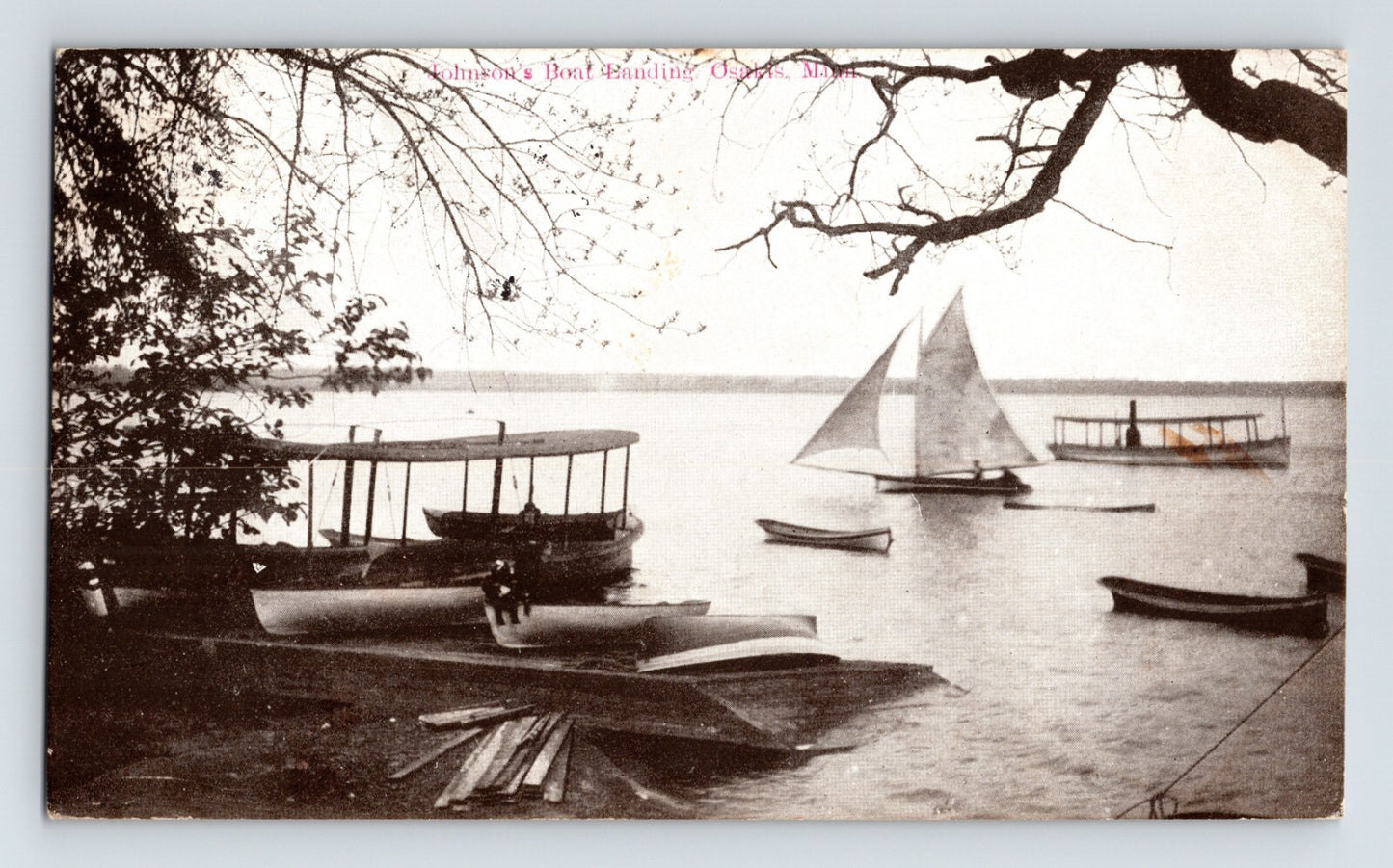 Johnson’s Boat Landing on Lake Osakis Minnesota showing sailboat, rowboats, canoes, and early motor launches along wooded shoreline