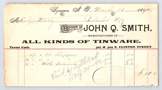 Pulaski New York John Q Smith tinware 1892 billhead handwritten invoice business document