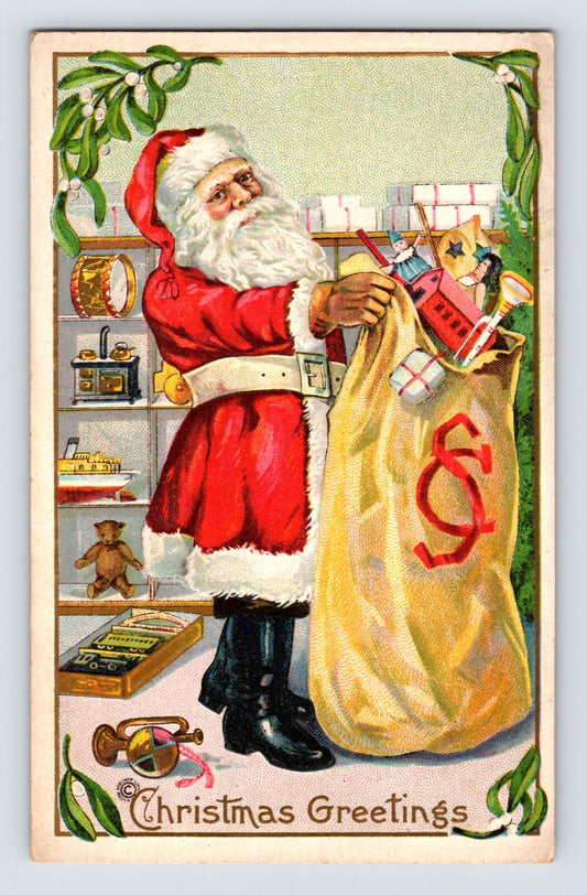Santa Claus toy bag bear train set stove Christmas postcard 1910s