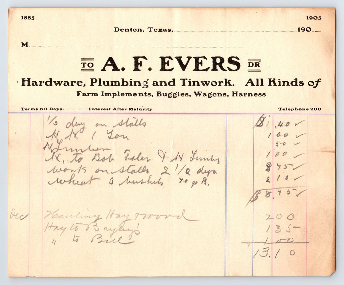 Denton Texas A F Evers Hardware Plumbing Tinwork early 1900s billhead