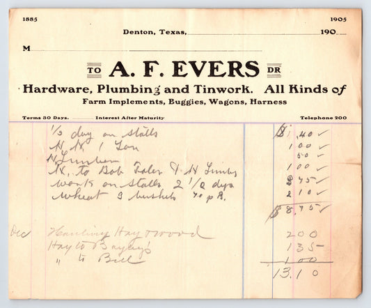 Denton Texas A F Evers Hardware Plumbing Tinwork early 1900s billhead