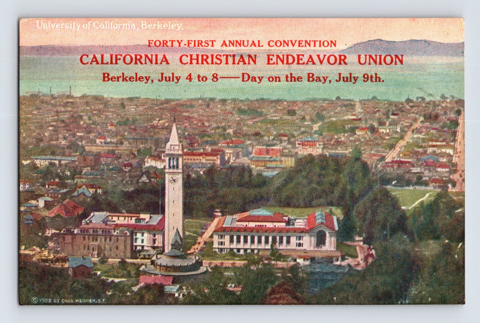 University of California Berkeley campus view with Christian Endeavor Union convention overprint 1920s postcard