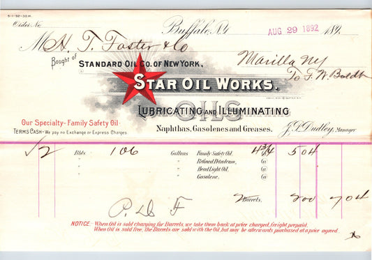 Buffalo New York Star Oil Works Standard Oil billhead document 1892
