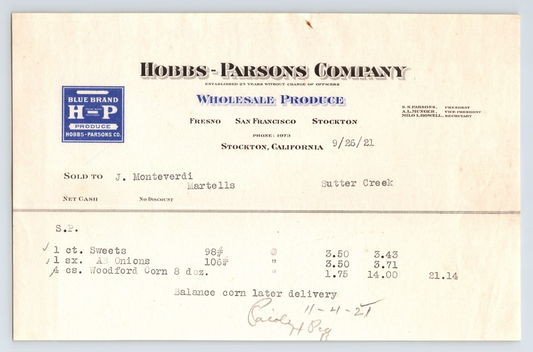Hobbs Parsons Company wholesale produce billhead Stockton California 1921 invoice J Monteverdi