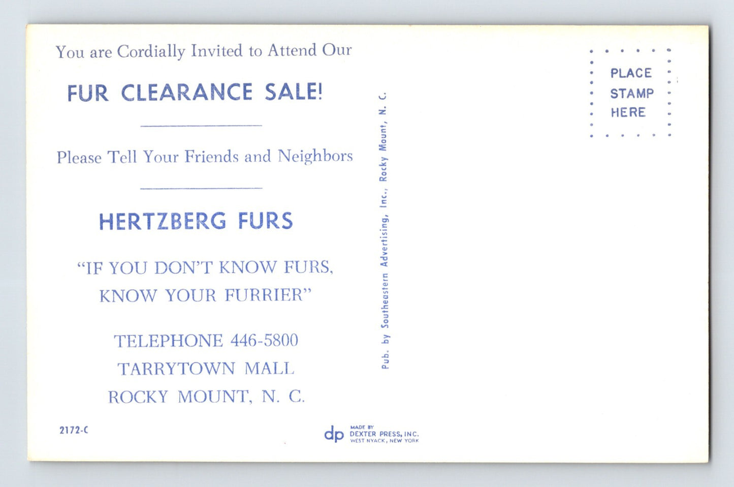 Rocky Mount North Carolina Hertzberg Furs Furrier 1960s Postcard Unposted