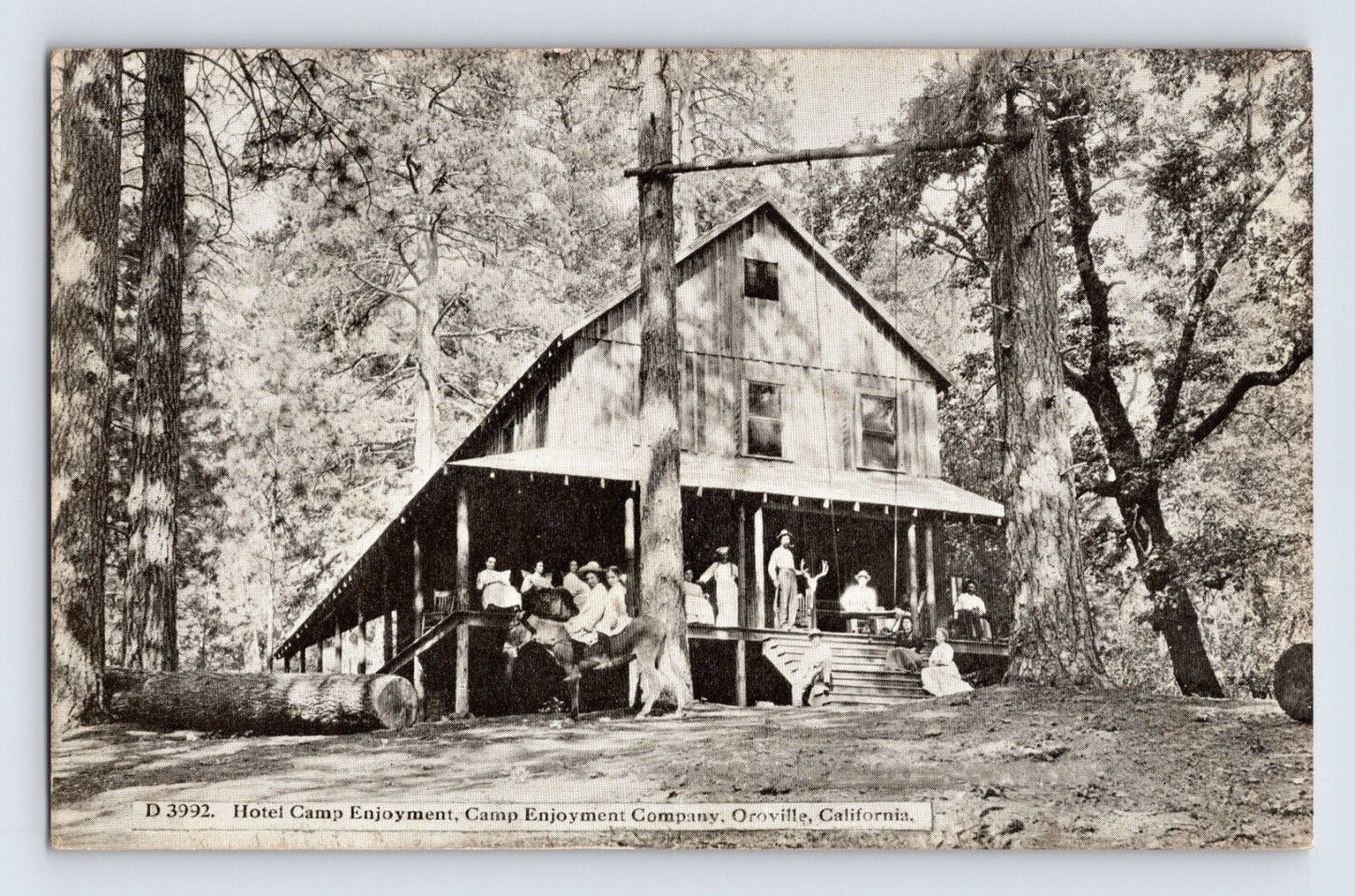 Oroville California Camp Enjoyment lodge building with people on porch forest setting early postcard